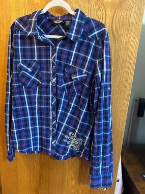 Harley-Davidson Navy Blue Plaid Button-Down Shirt with Red Accents